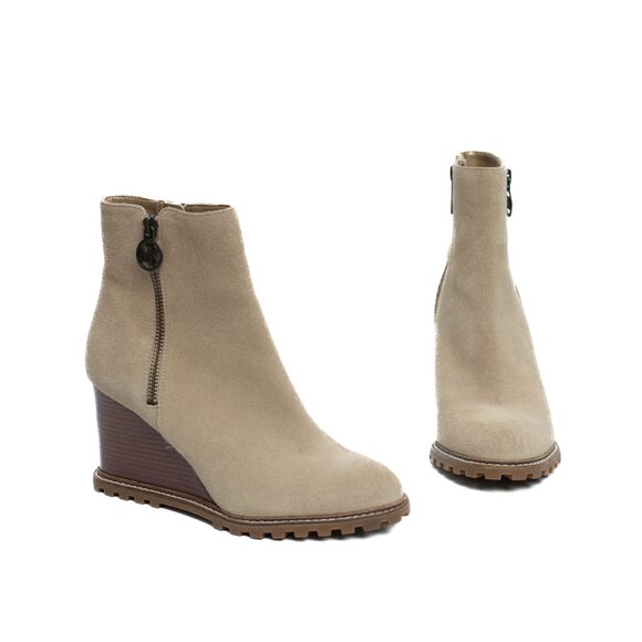 MICHAEL MICHAEL KORS Womens 7 M Beige Evelyn Round Toe Wedge Leather Booties - Picture 2 of 15
